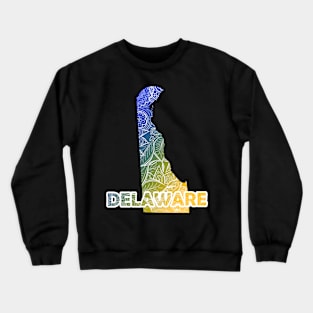 Colorful mandala art map of Delaware with text in blue and yellow Crewneck Sweatshirt